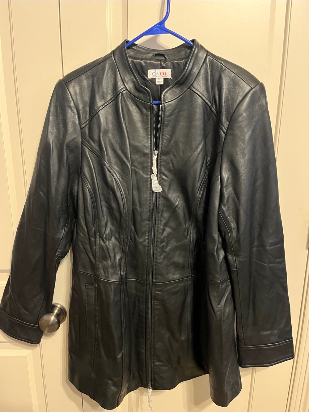 d&co. Women's Black Leather Zip-Front Coat